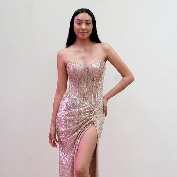 New Red Carpet Strapless Gown w/ Sheer Boned Bodice & Sweetheart Neck JT2731H - Picture 1 of 8